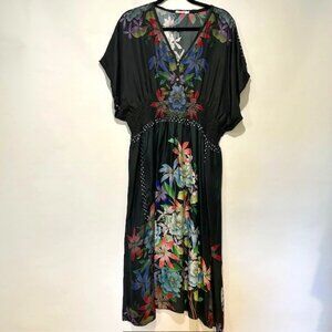 Johnny Was 100%Silk Floral Dress Smocked Waist